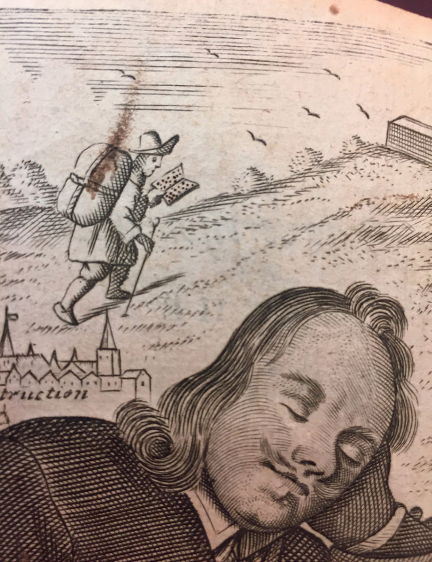 ALLEGORICAL HERO An early reader added his own illustration of Bunyan’s protagonist, Christian, on his journey to the Celestial City.: PHOTO BY JENNY-LYN DE KLERK ALLEGORICAL HERO An early reader added his own illustration of Bunyan’s protagonist, Christian, on his journey to the Celestial City.: PHOTO BY JENNY-LYN DE KLERK